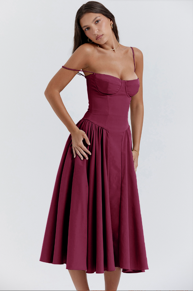 Women's A-Line Midi Dress with Corset Top and Spaghetti Straps – Lightweight Fabric Wine Red