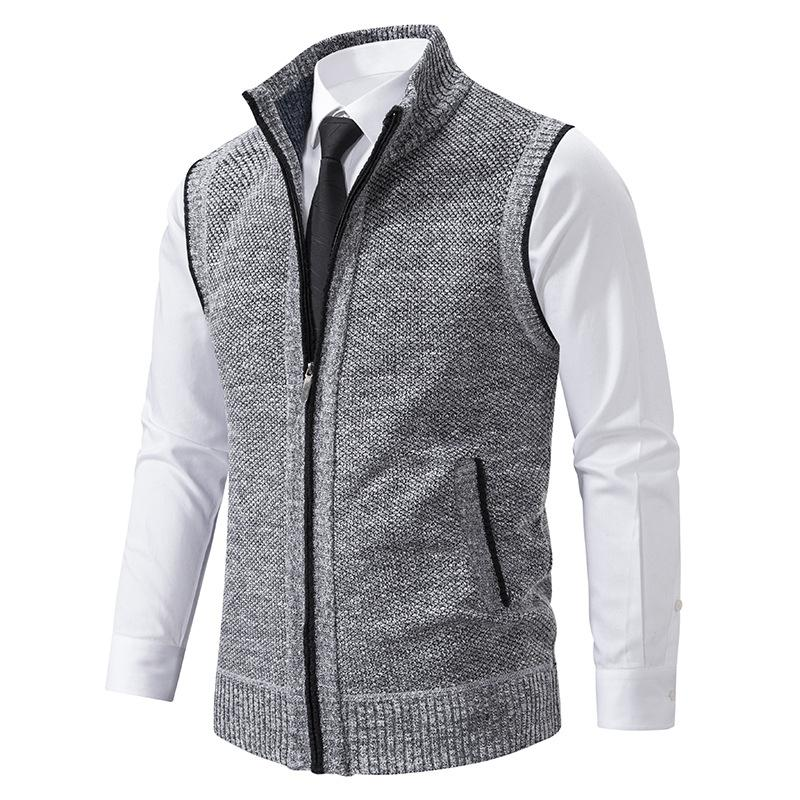 Men's Sleeveless Knitted Sweater Vest - Regular Fit with Zipper - Business Casual Style Grey