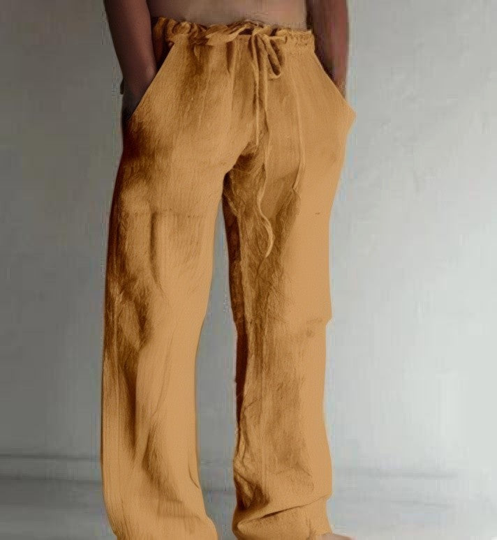 Men's Breathable Linen Trousers with Relaxed Fit and Lightweight Design Yellow