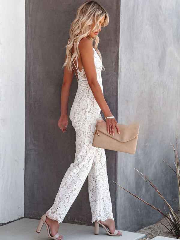 Women's Elegant Lace Jumpsuit - V-Neck, Spaghetti Straps, Wide Legs