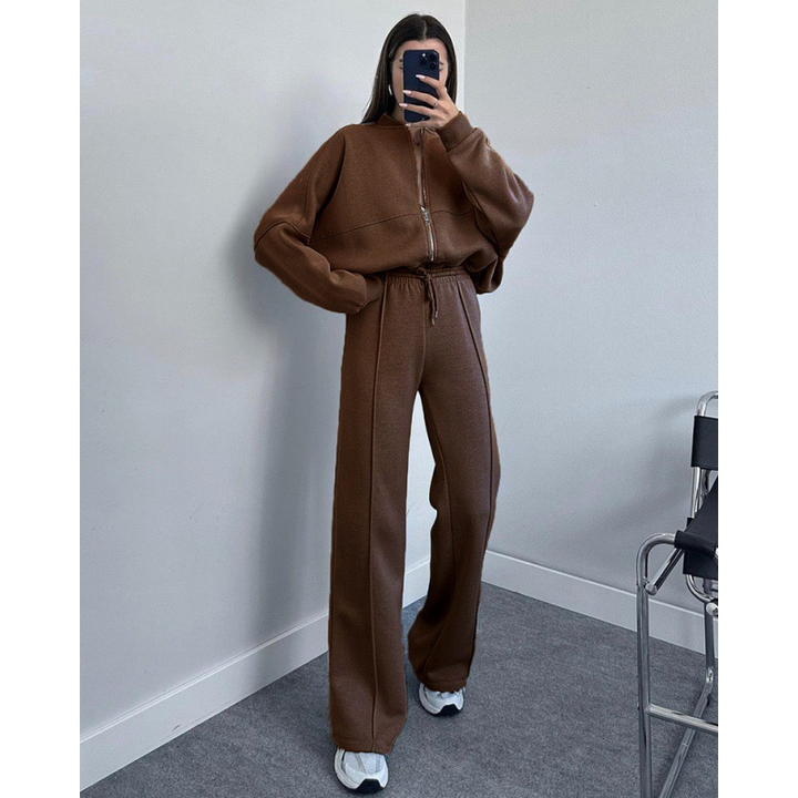 Women's Oversized Zipper Sweatshirt & High Waist Wide-Leg Pants Lounge Set - Comfortable Fit Brown