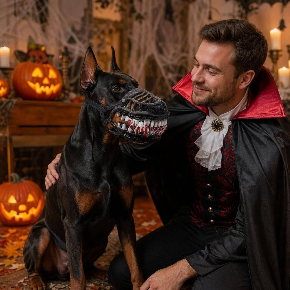 Halloween's Realistic Red Teeth Dog Muzzle for Cosplay and Safety