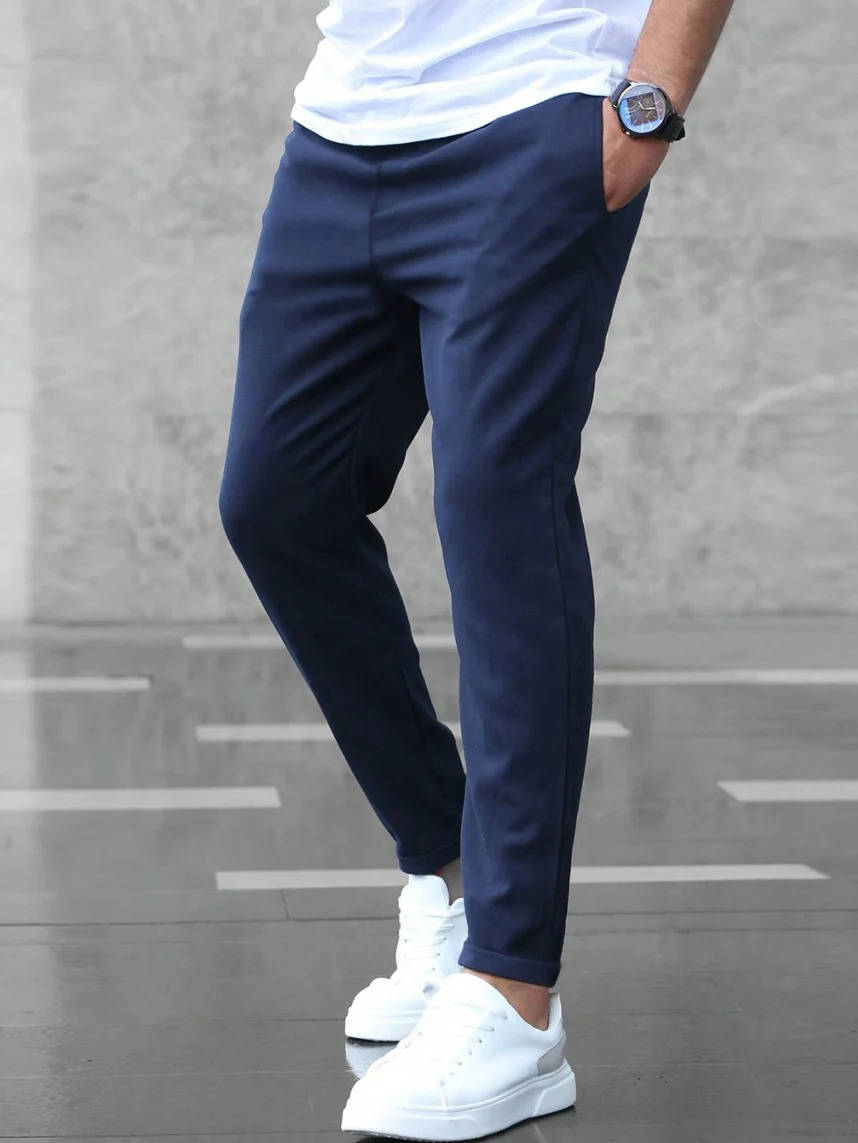 Men's Casual Slim Fit Drawstring Trousers Navy blue