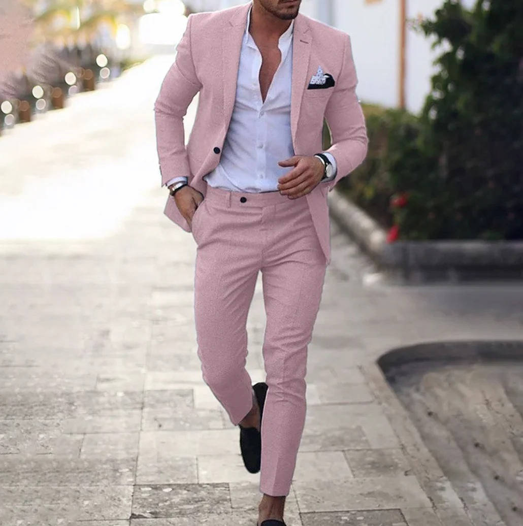 Men's Slim Fit Formal Business Suit Pink