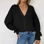 Women's Oversized Chunky Knit Cardigan with V-Neck and Button Closure Black