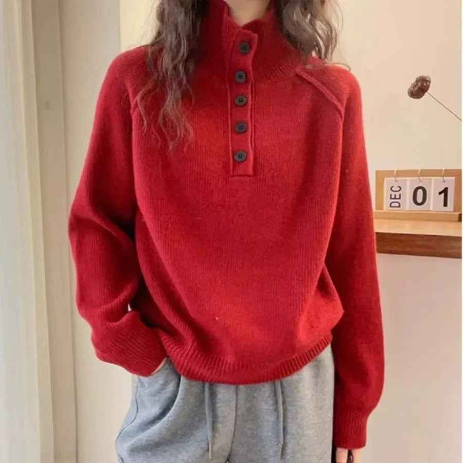 Women's Relaxed Fit Knitted Sweater – Wool Blend – Stand-Up Collar with Button Detail Red One Size
