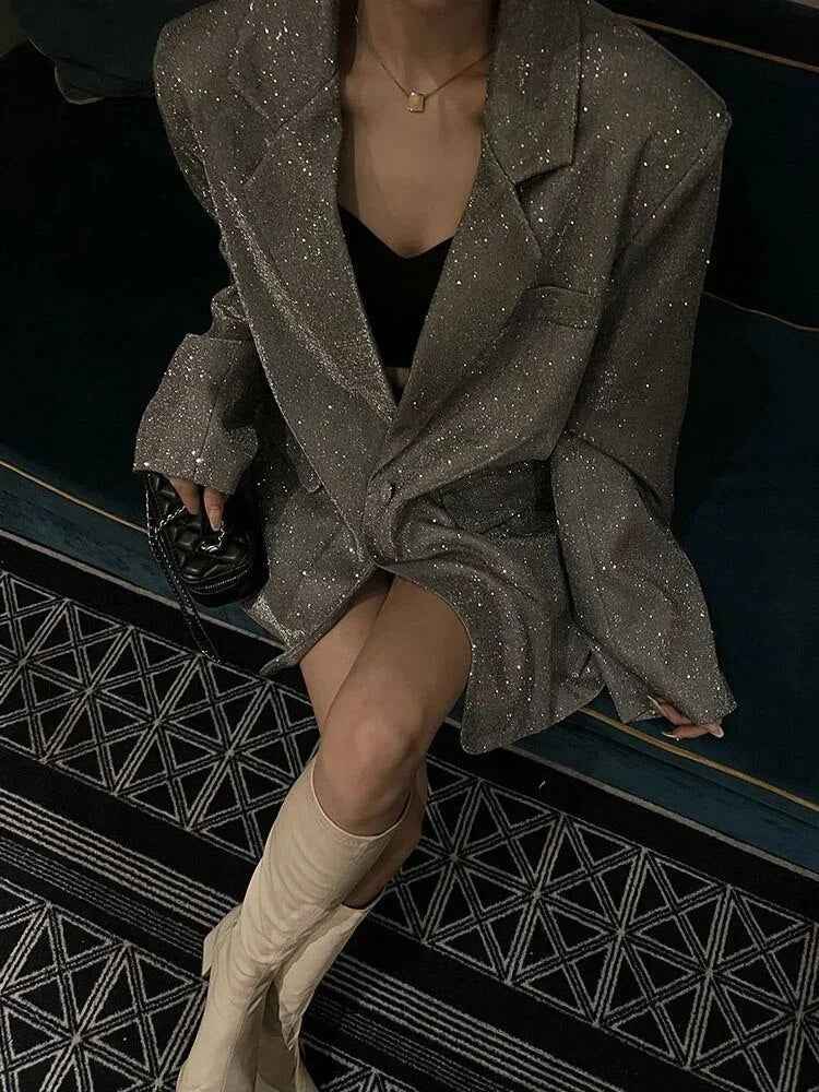 Women's Oversized Blazer – Glitter Woven Texture – Long Single-Breasted Design
