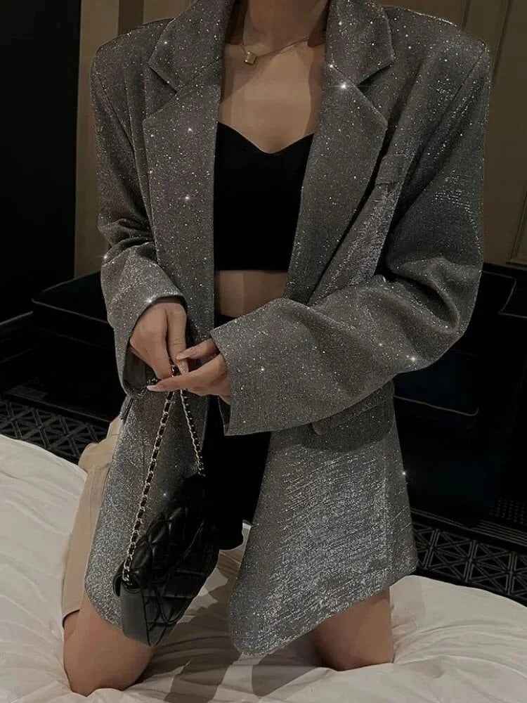 Women's Oversized Blazer – Glitter Woven Texture – Long Single-Breasted Design Grey