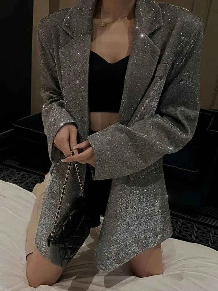 Women's Oversized Blazer – Glitter Woven Texture – Long Single-Breasted Design Grey