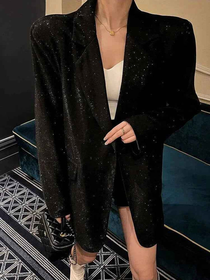 Women's Oversized Blazer – Glitter Woven Texture – Long Single-Breasted Design Black