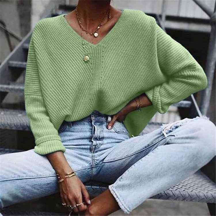 Women's Oversized V-Neck Sweater – Wool Blend – Ribbed Texture – Long Sleeves Green