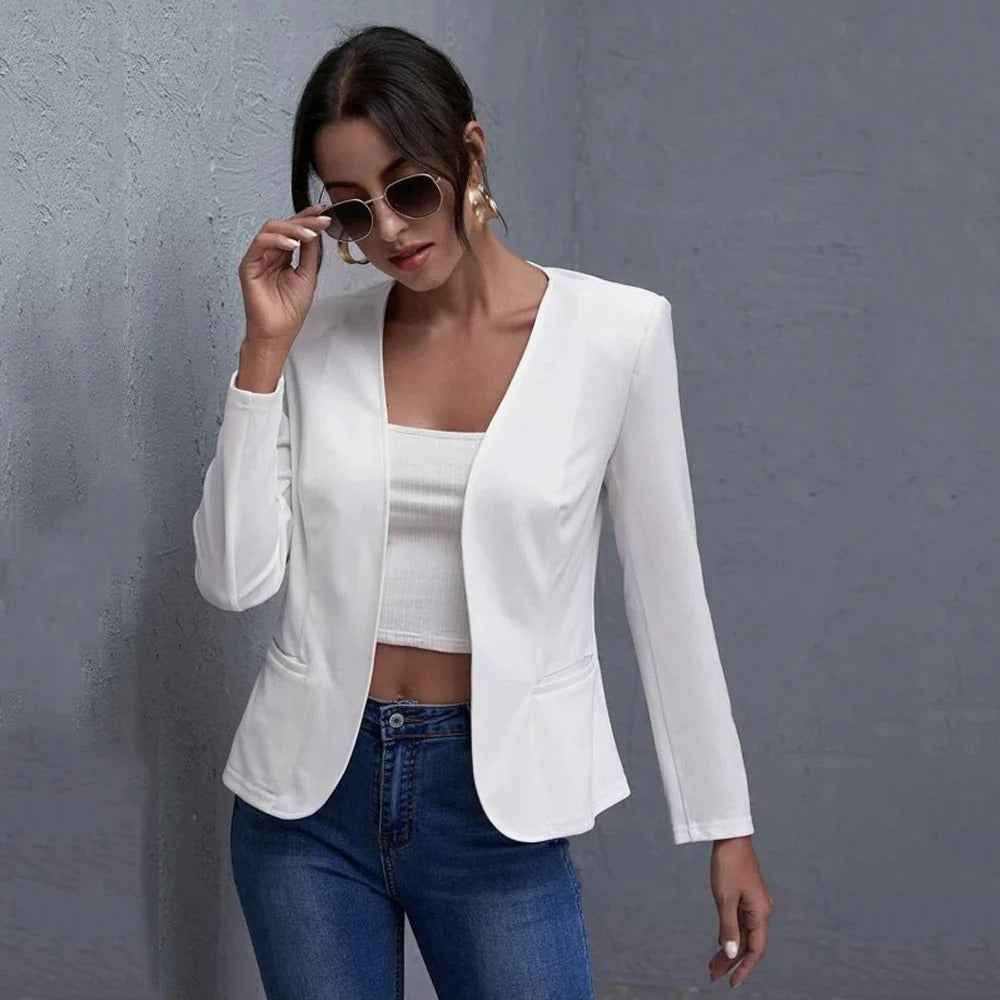 Women's Tailored Blazer – Minimalist Design – Hip Length with Pockets White
