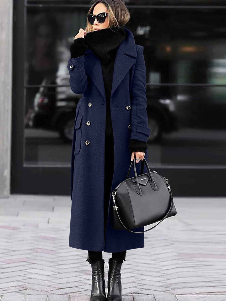 Women's Fitted Wool Coat with Double Row Buttons - Full Length Blue