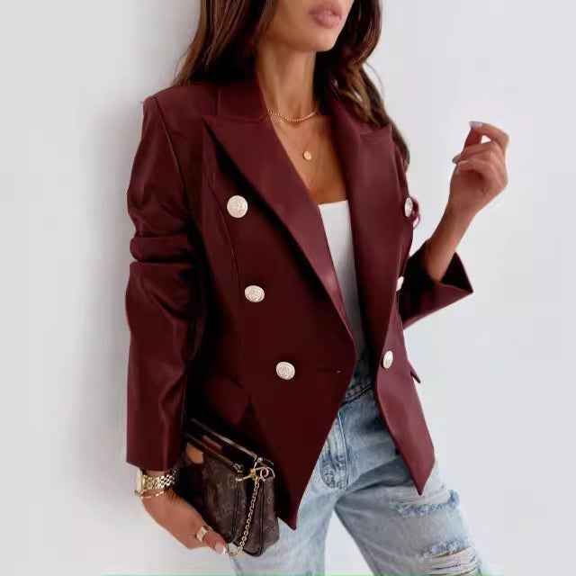 Women's Tailored Double-Breasted Blazer in Imitation Leather with Long Sleeves Maroon