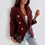 Women's Tailored Double-Breasted Blazer in Imitation Leather with Long Sleeves Maroon