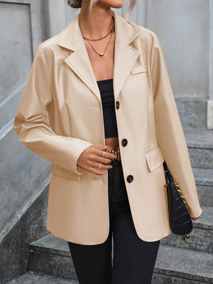 Women's Tailored PU Leather Blazer – Single-Breasted with Notch Lapel & Flap Pockets Apricot