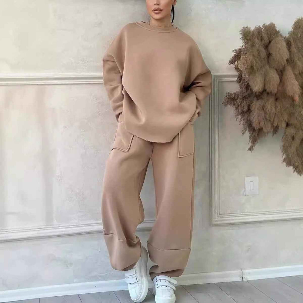 Women's Oversized Cotton Blend Lounge Set – Sweatshirt & Wide Pants Khaki
