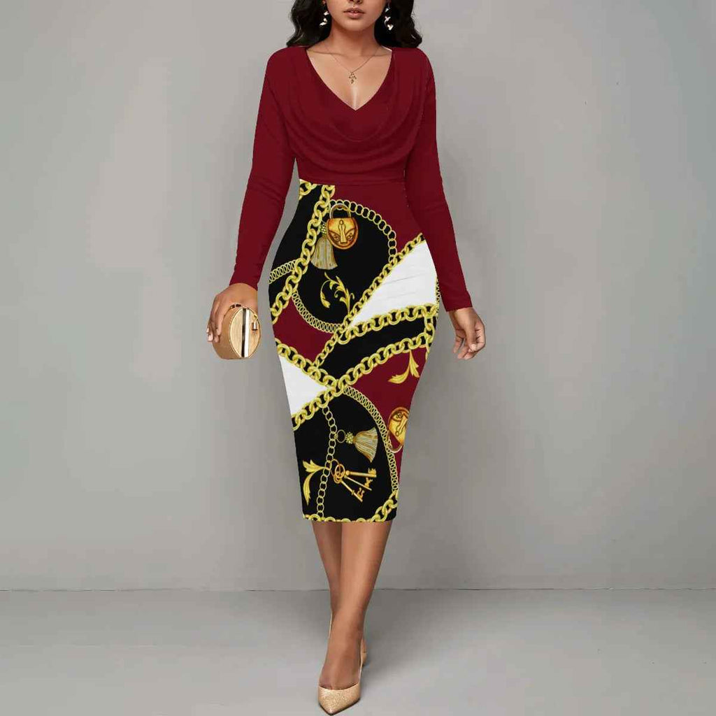 Women's Fitted Midi Dress with Wrap Neckline and Long Sleeves – Chain Print Red