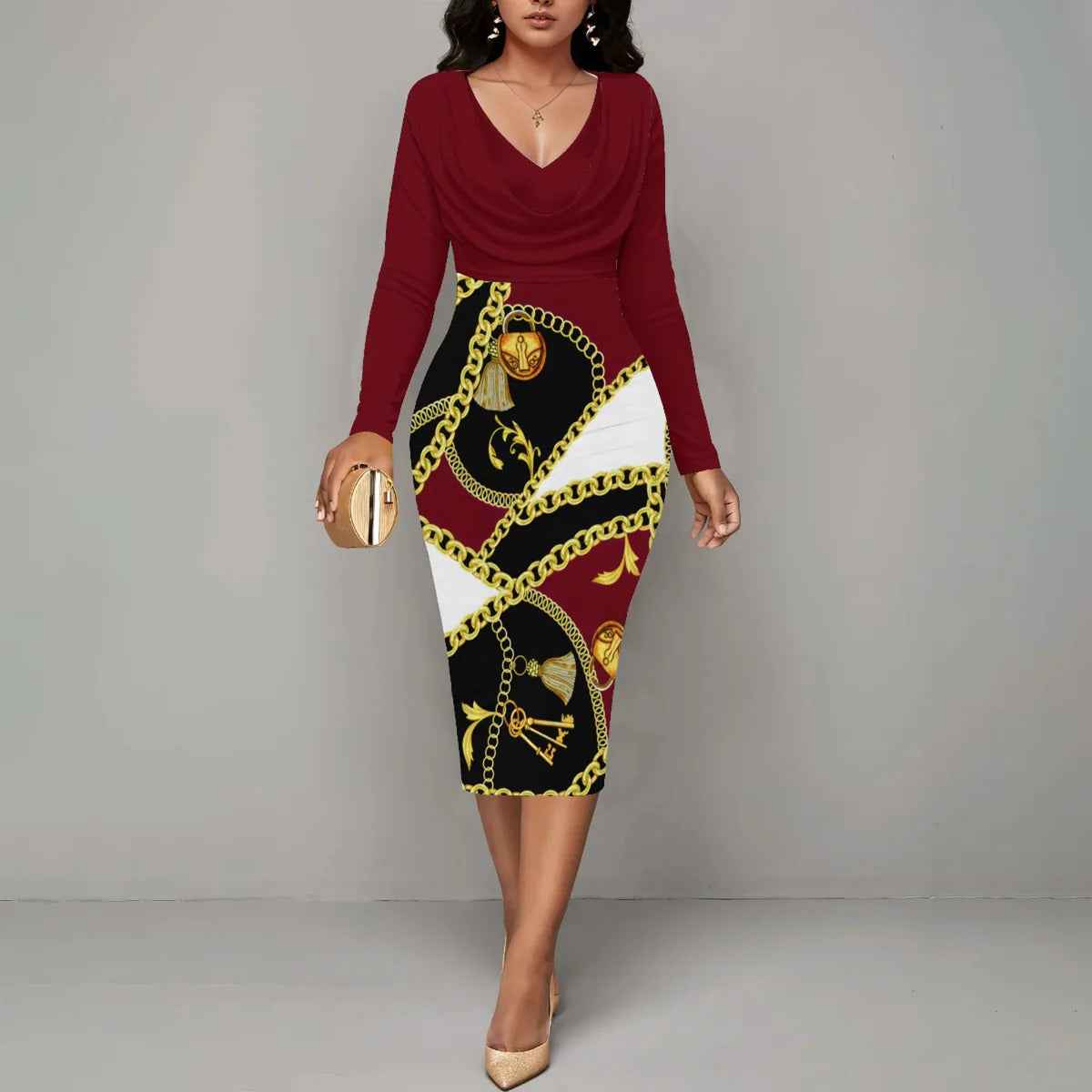 Women's Fitted Midi Dress with Wrap Neckline and Long Sleeves – Chain Print Red