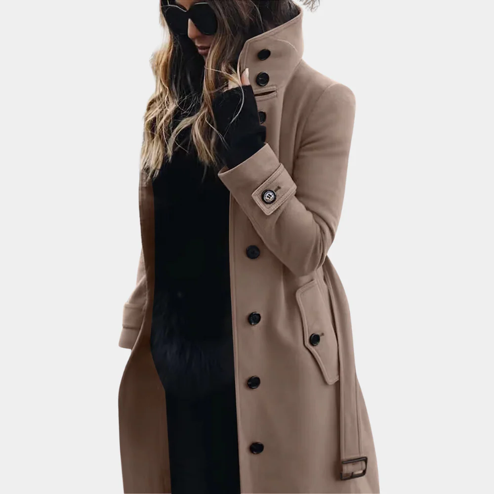 Women's Tailored Wool Look Trench Coat – Full Length with Belt and Button Closure Khaki
