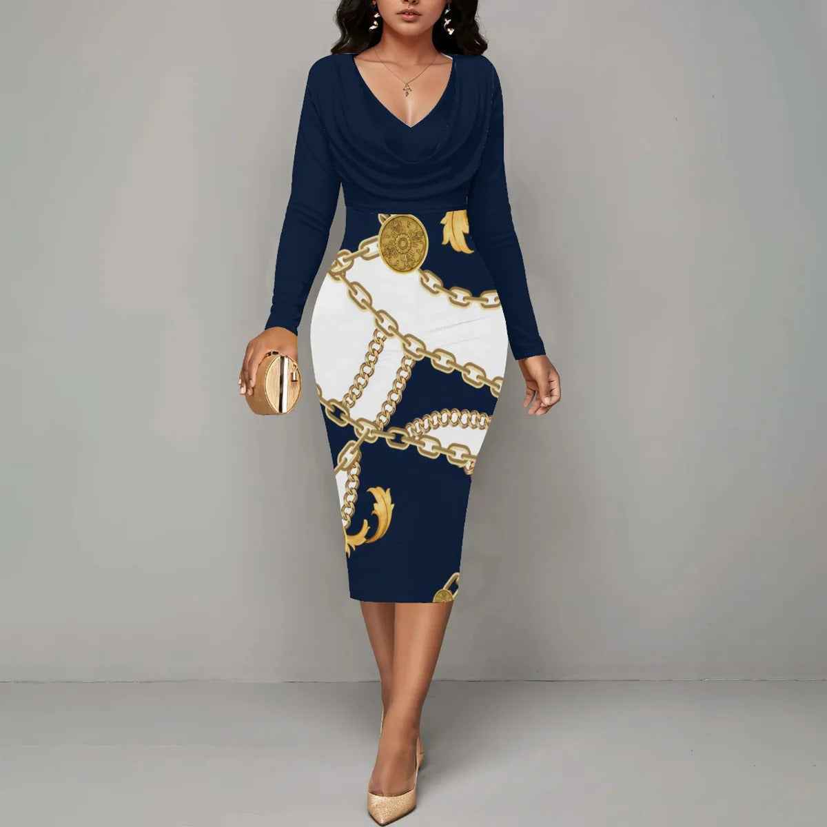 Women's Fitted Midi Dress with Wrap Neckline and Long Sleeves – Chain Print Blue