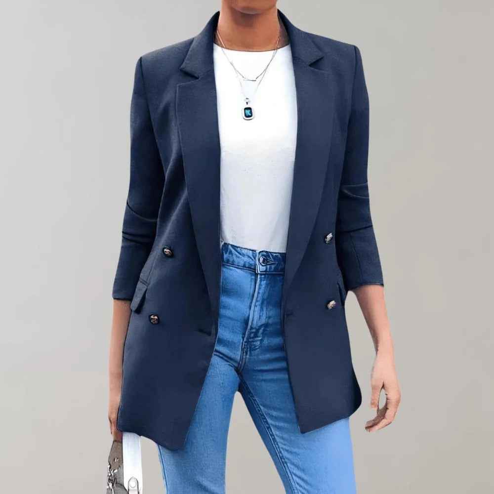 Women's Tailored Double-Breasted Blazer with Notch Lapel - Mid-Length Blue