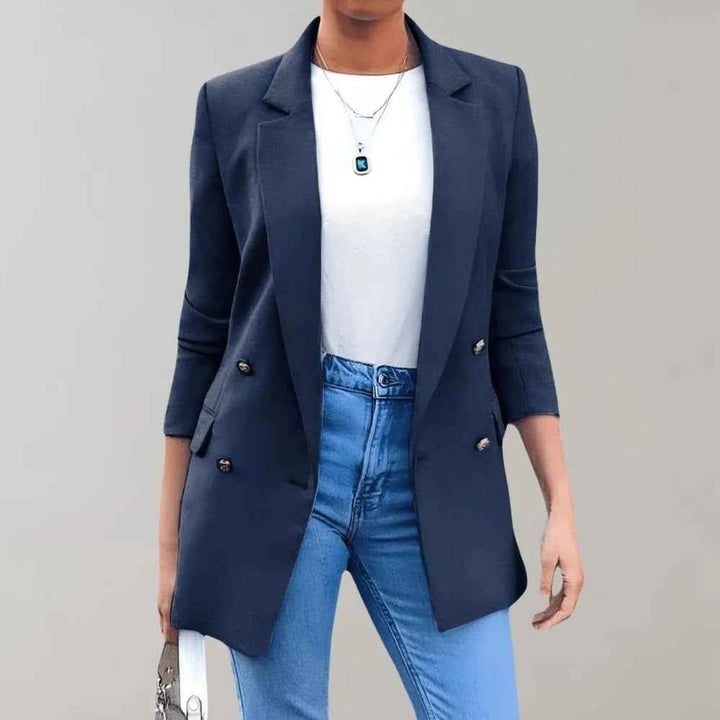 Women's Tailored Double-Breasted Blazer with Notch Lapel - Mid-Length Blue