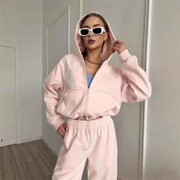 Women's Oversized Two-Piece Set – Cotton Zipper Hoodie & Wide-Leg Pants Pink