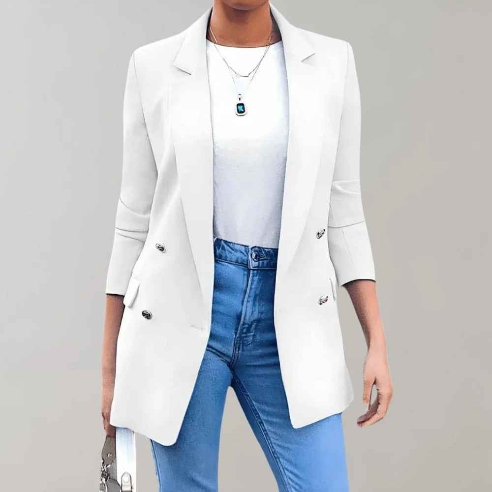 Women's Tailored Double-Breasted Blazer with Notch Lapel - Mid-Length White