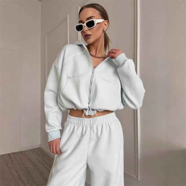 Women's Oversized Two-Piece Set – Cotton Zipper Hoodie & Wide-Leg Pants White