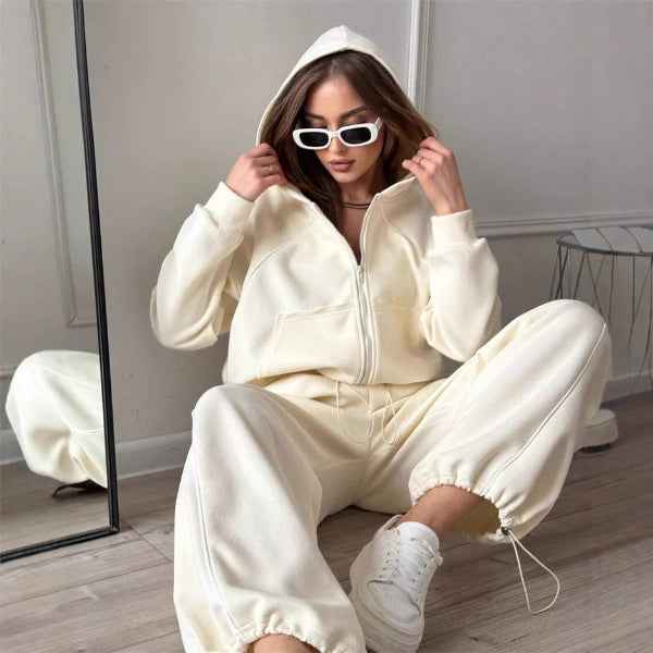 Women's Oversized Two-Piece Set – Cotton Zipper Hoodie & Wide-Leg Pants Khaki