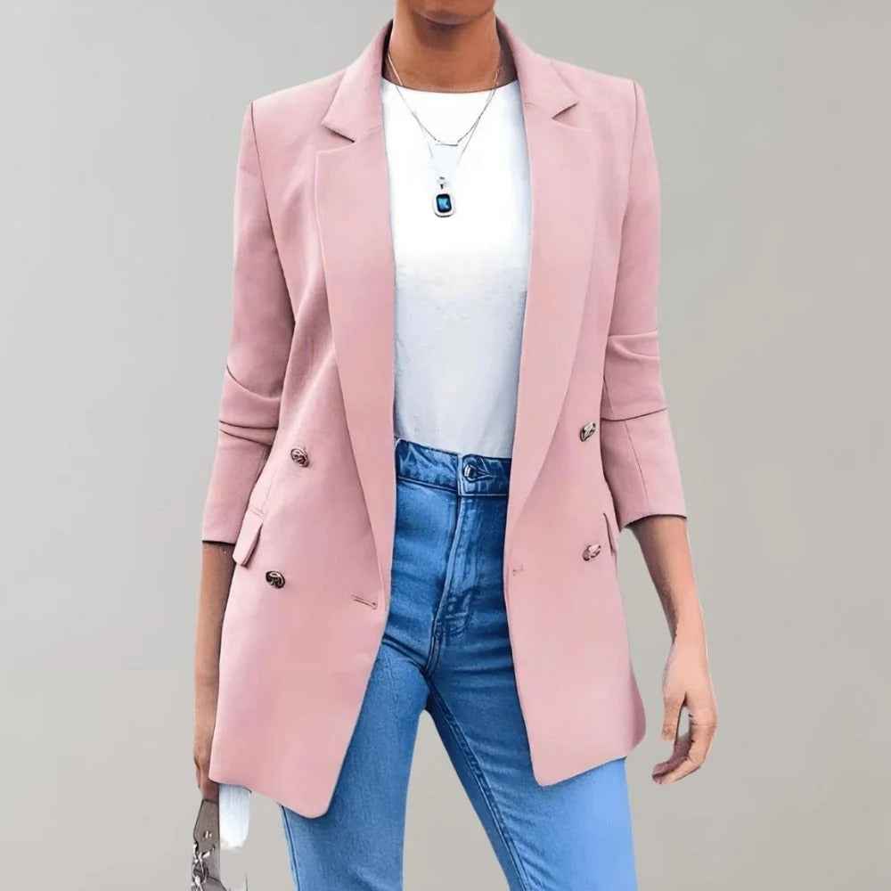 Women's Tailored Double-Breasted Blazer with Notch Lapel - Mid-Length Pink