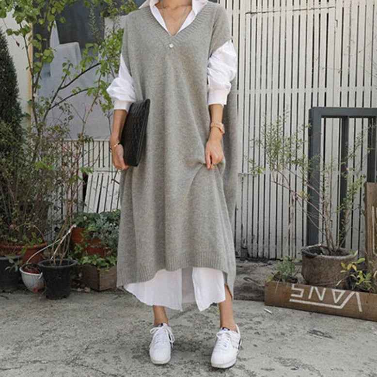 Women's Midi Knitted Sweater Dress – Sleeveless V-Neck – Relaxed Fit Grey One Size