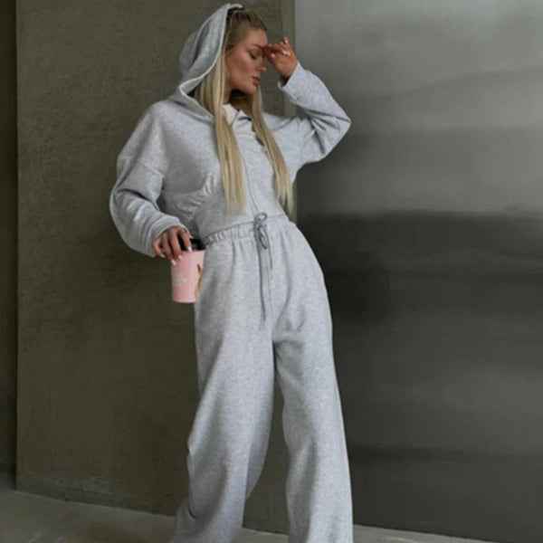 Women's Relaxed Fit Lounge Set – Zipper Hoodie & Wide Pants – Soft Cotton Blend