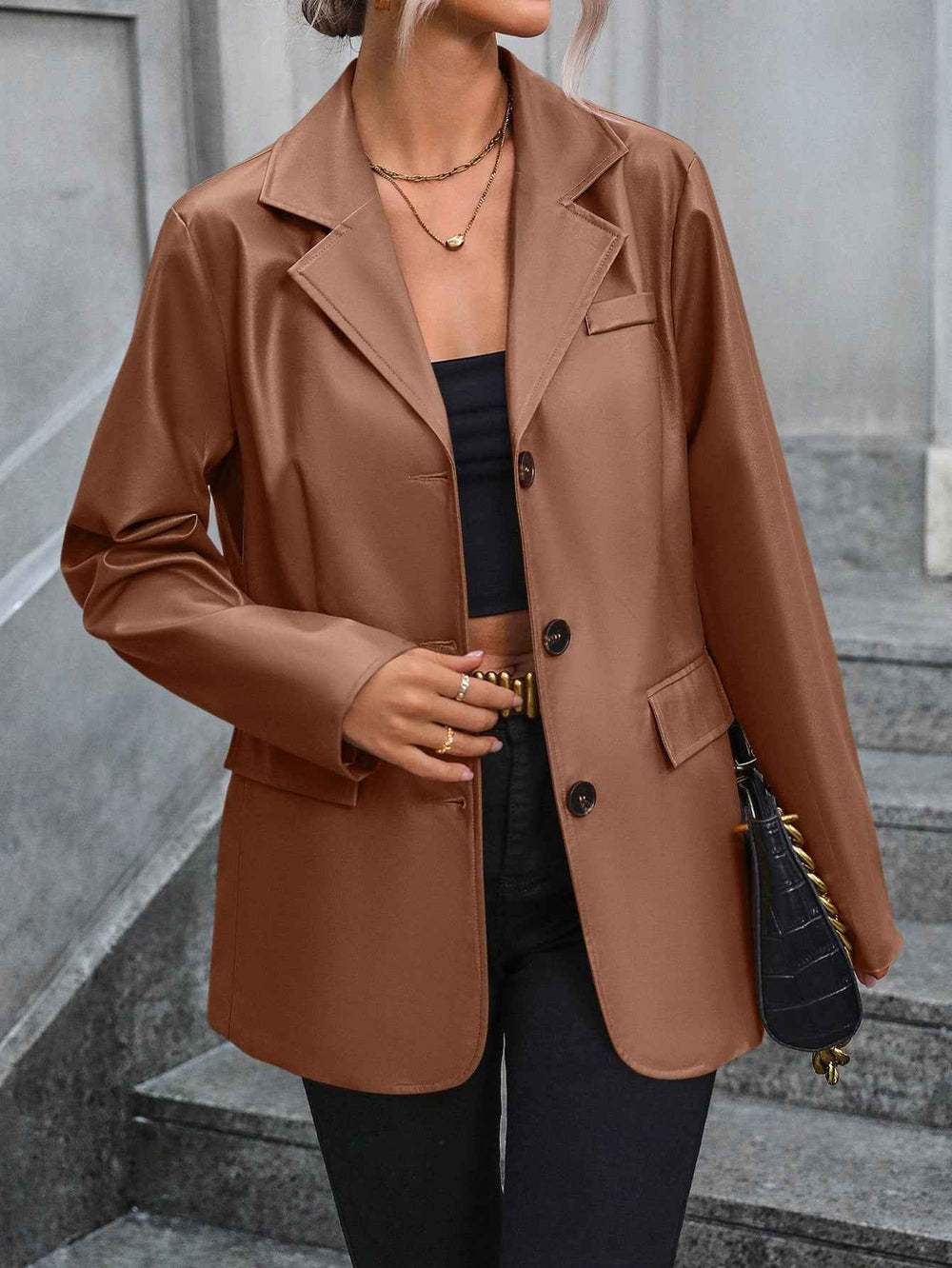 Women's Tailored PU Leather Blazer – Single-Breasted with Notch Lapel & Flap Pockets Brown