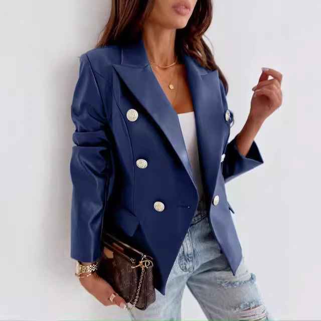 Women's Tailored Double-Breasted Blazer in Imitation Leather with Long Sleeves Blue