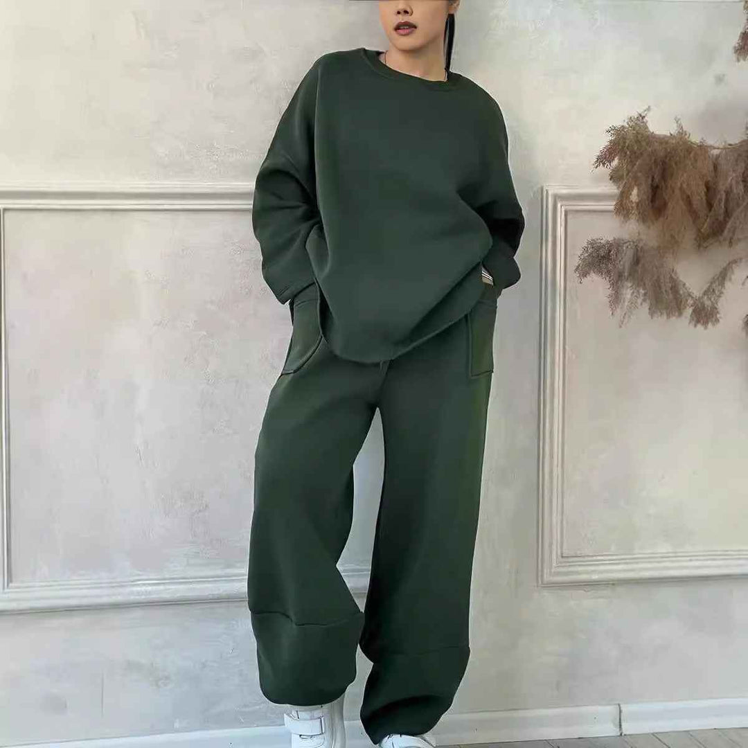 Women's Oversized Cotton Blend Lounge Set – Sweatshirt & Wide Pants Green