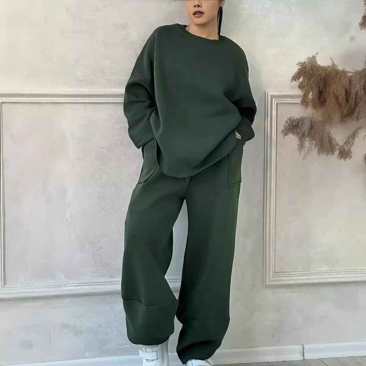 Women's Oversized Cotton Blend Lounge Set – Sweatshirt & Wide Pants Green
