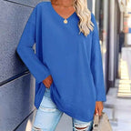 Women's Oversized Cotton V-Neck Shirt - Long Sleeve Casual Top Blue