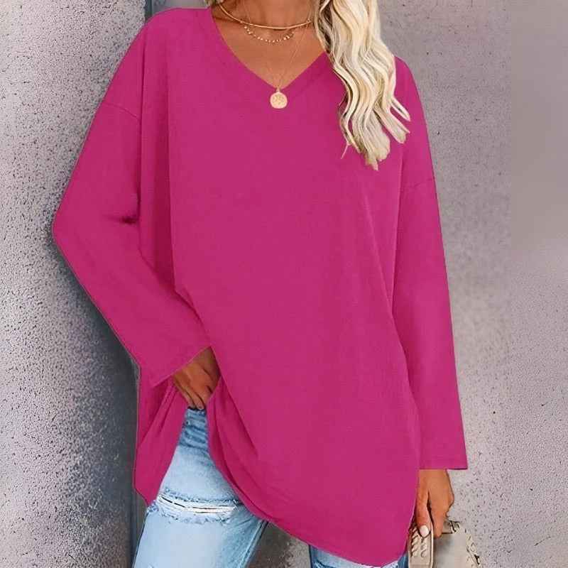 Women's Oversized Cotton V-Neck Shirt - Long Sleeve Casual Top Pink