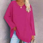 Women's Oversized Cotton V-Neck Shirt - Long Sleeve Casual Top Pink