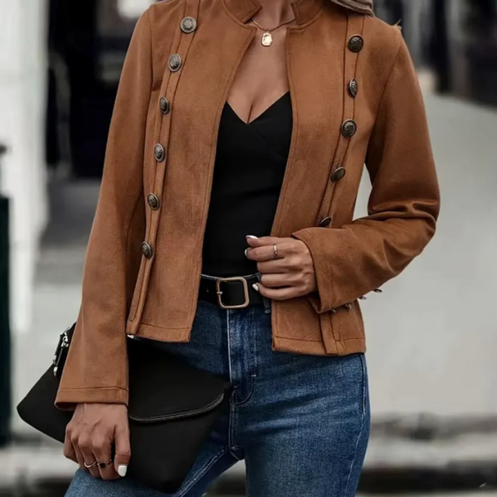 Women's Fitted Suede Look Blazer with Asymmetrical Button Closure Brown