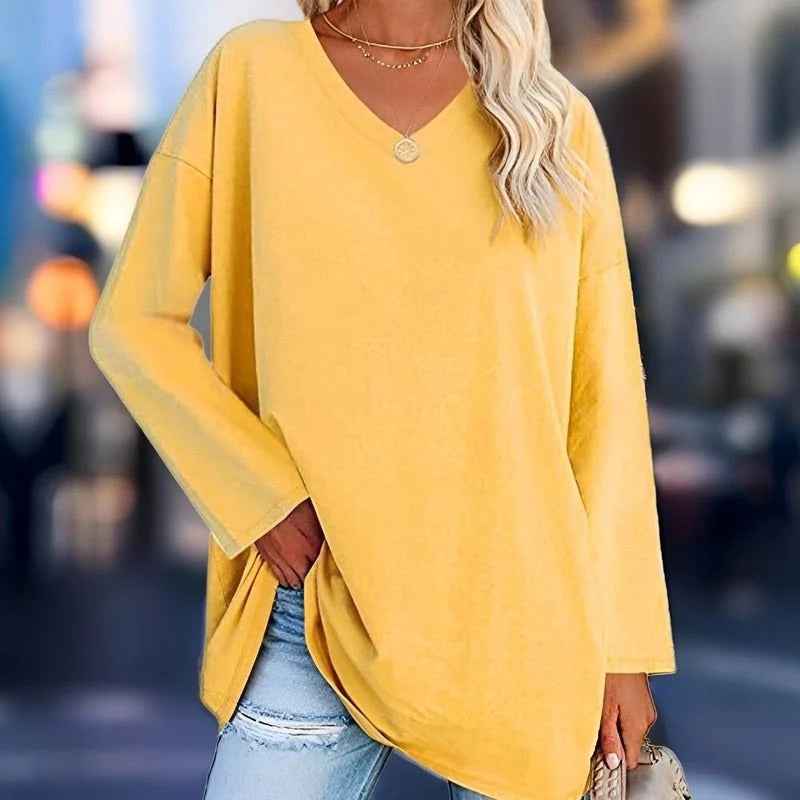 Women's Oversized Cotton V-Neck Shirt - Long Sleeve Casual Top Yellow
