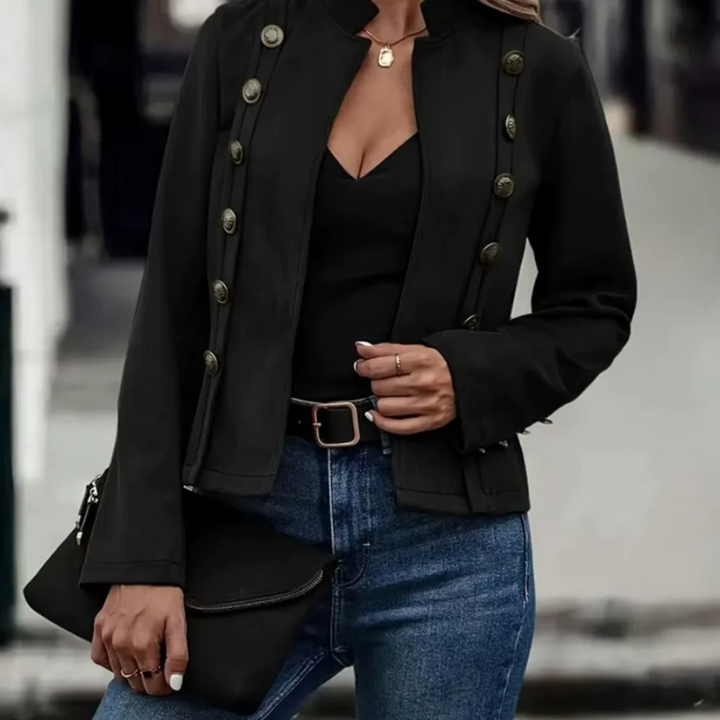 Women's Fitted Suede Look Blazer with Asymmetrical Button Closure Black
