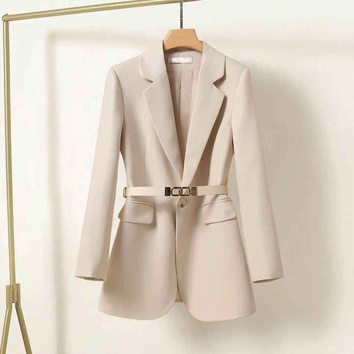 Women's Tailored Blazer with Waist Belt – Single Button Closure & Classic Lapels Beige
