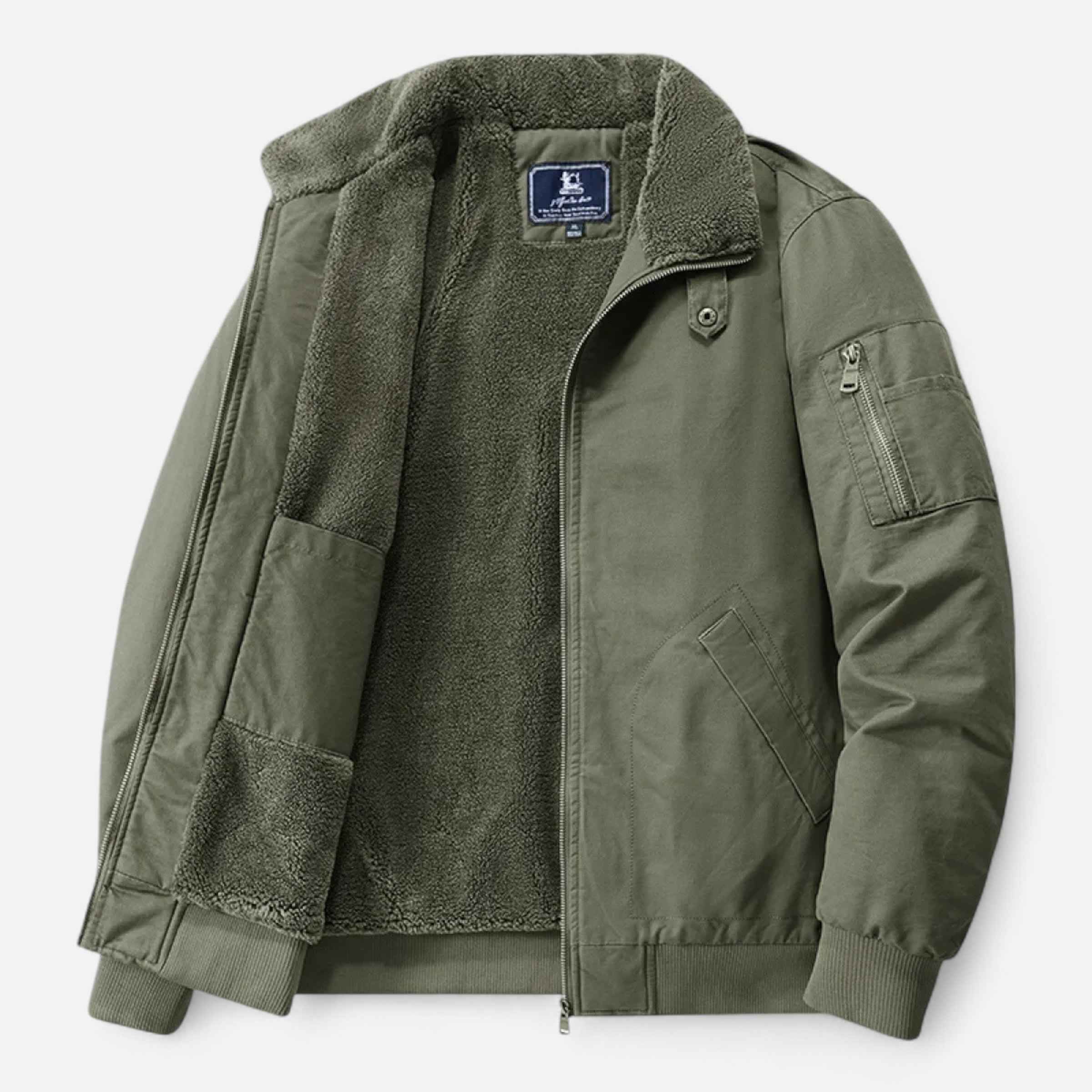 Men's Relaxed Fit Bomber Jacket with Lined Ribbed Cuffs Olive