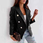 Women's Tailored Double-Breasted Blazer in Imitation Leather with Long Sleeves Black