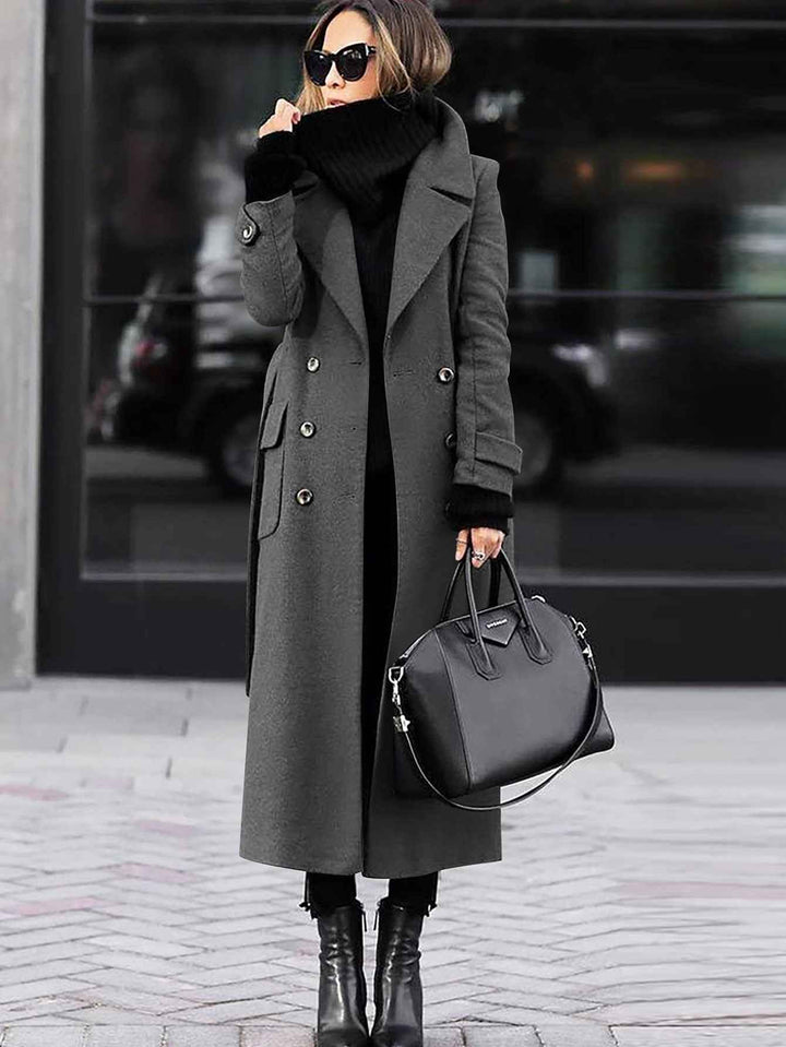 Women's Fitted Wool Coat with Double Row Buttons - Full Length Grey
