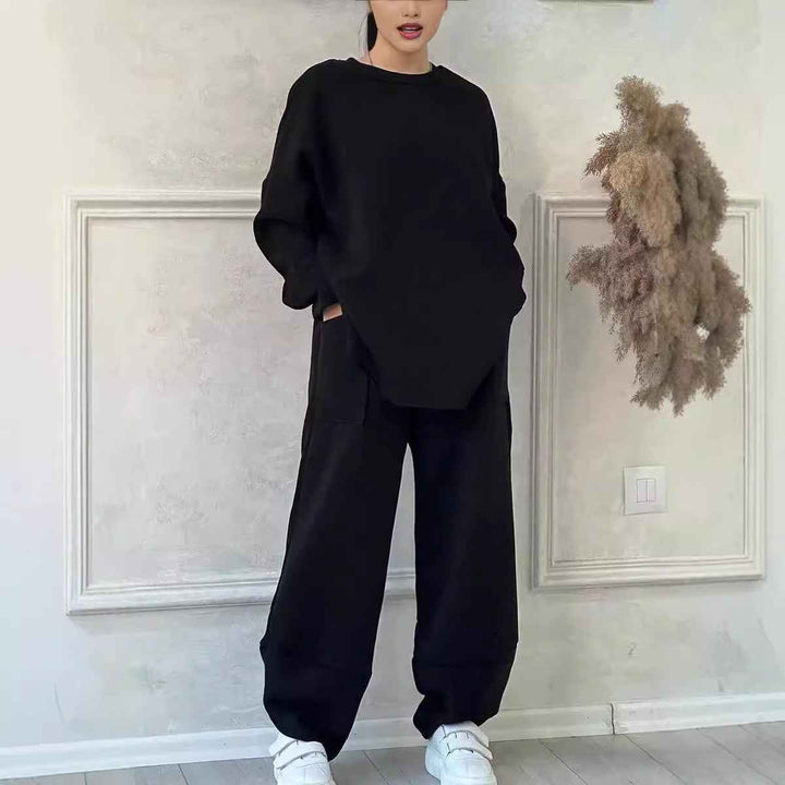Women's Oversized Cotton Blend Lounge Set – Sweatshirt & Wide Pants Black