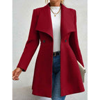 Women's Slim Fit Long Wool Coat with Classic Lapel Design Red